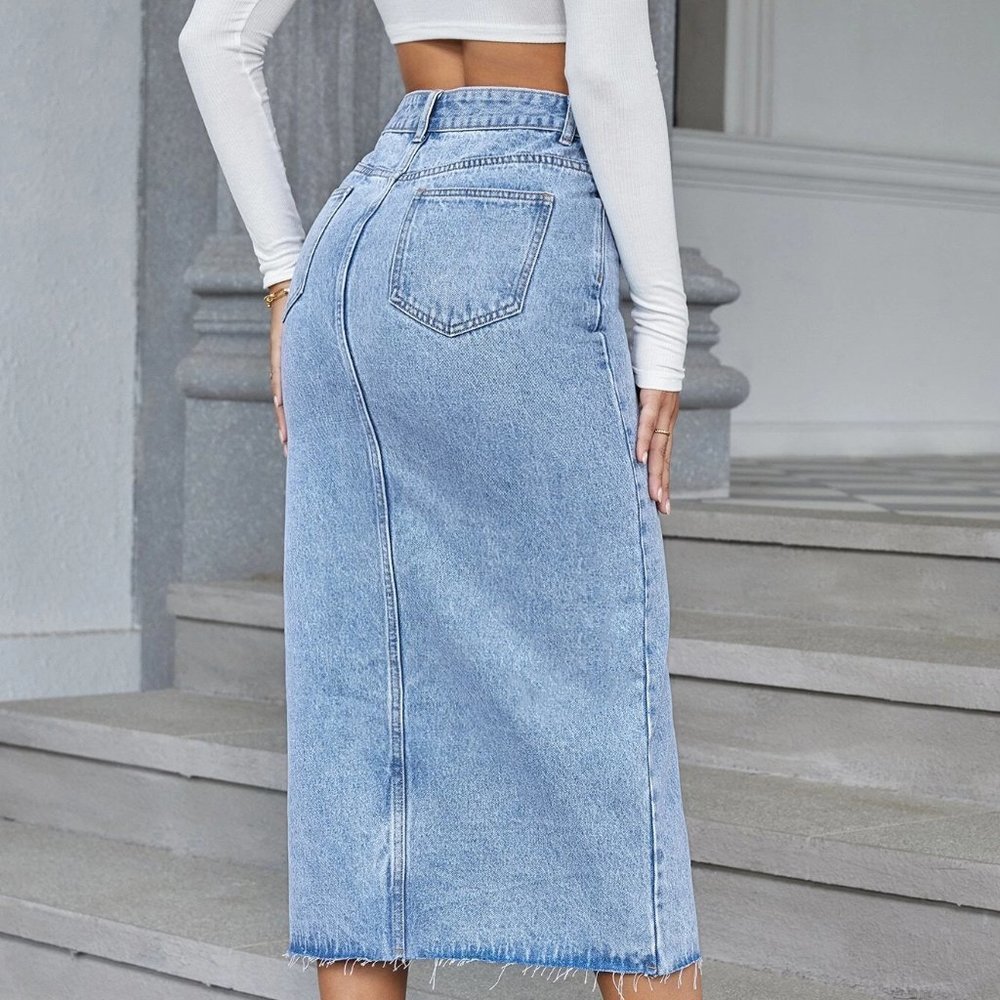 Light Wash Casual Womens High Waist Split Hem Denim Skirt - Picture 2 of 4